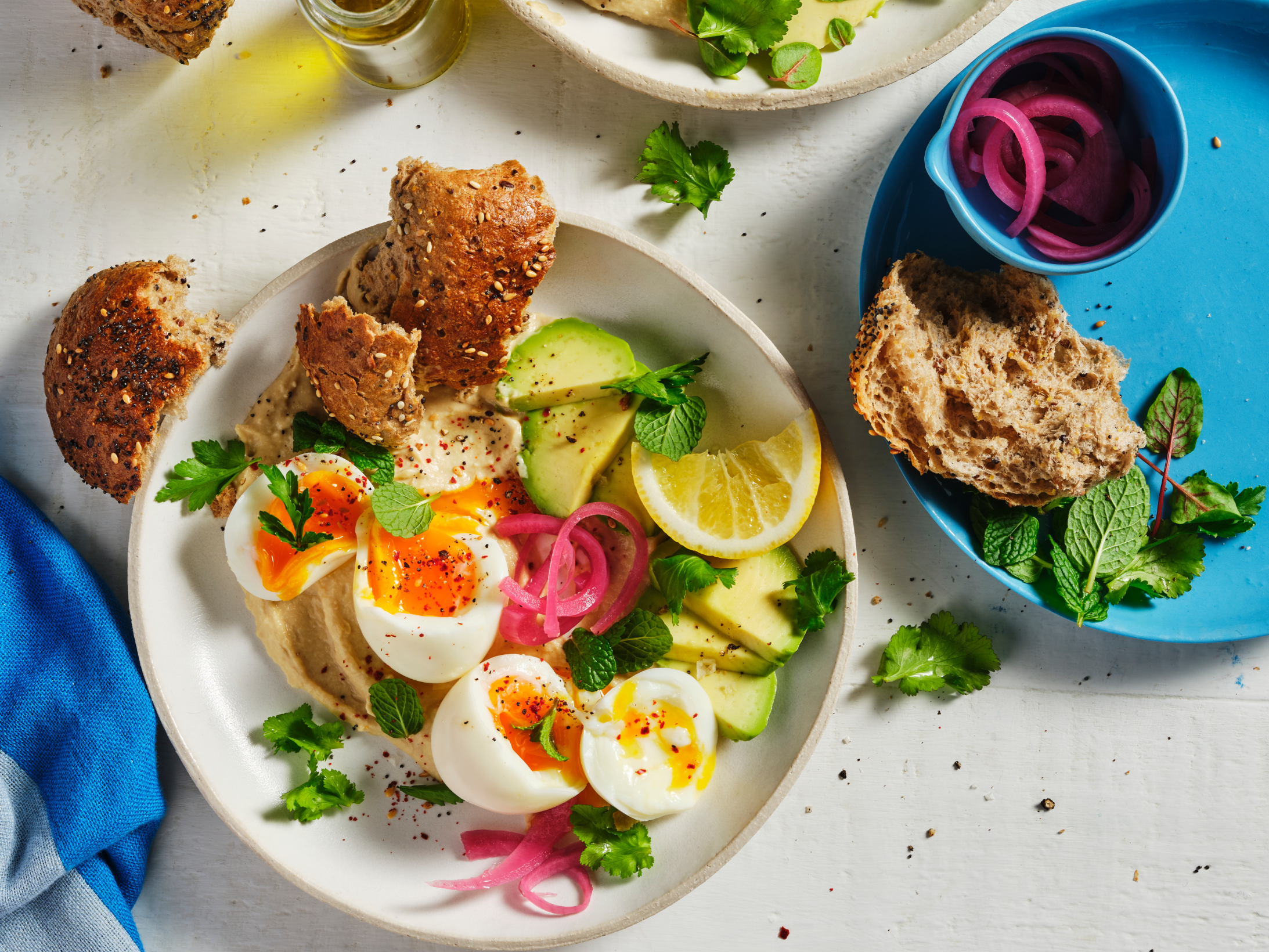 Eggs on Toast with Avocado and Hummus