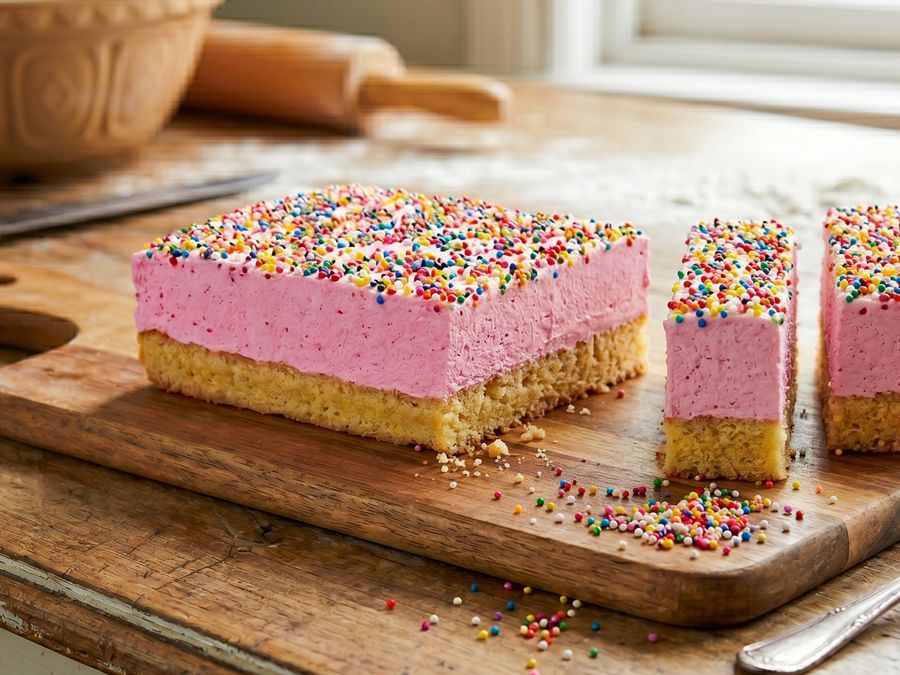 Pink marshmallow slice topped with hundreds and thousands