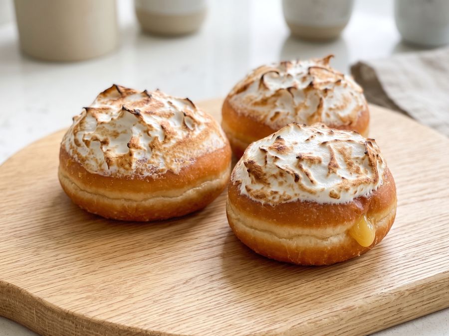 Berliner doughnuts topped with toasted meringue, lemon curd oozing out