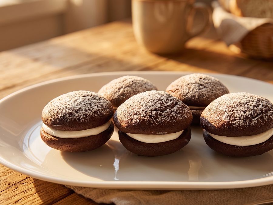 Chocolate whoopie pies with cream filling dusted with icing sugar