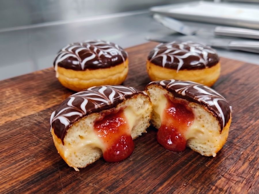 Chocolate-topped donuts cut open to show custard and jam