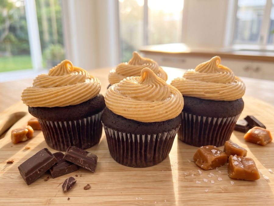 Dark chocolate cupcakes with caramel frosting beside salted caramels