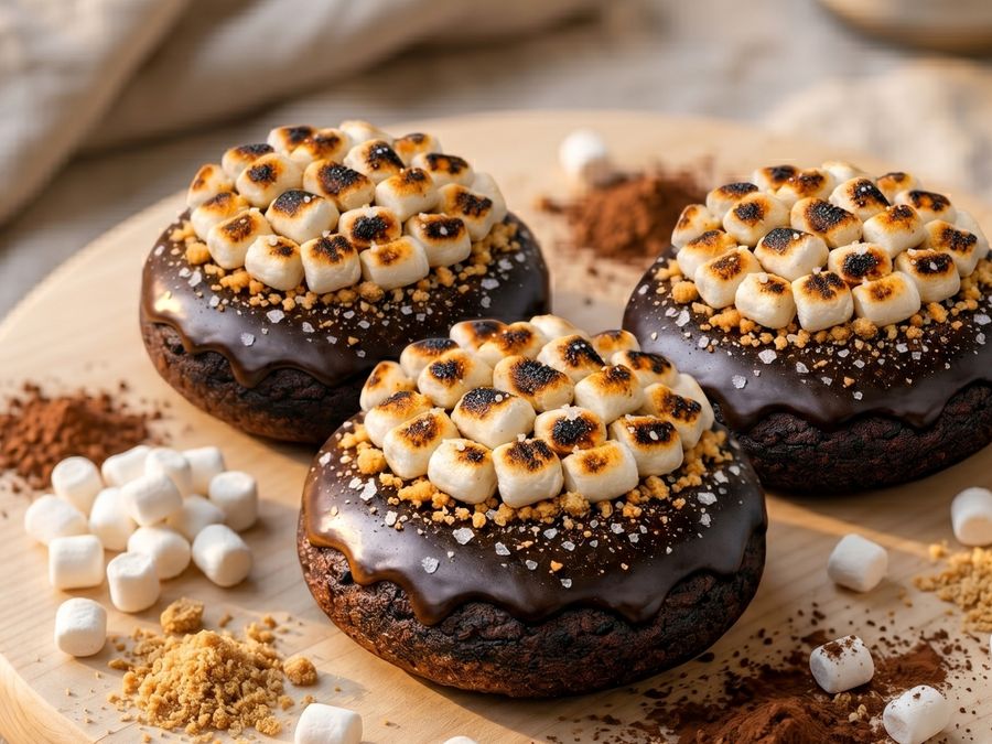 Chocolate-glazed donuts topped with toasted mini marshmallows