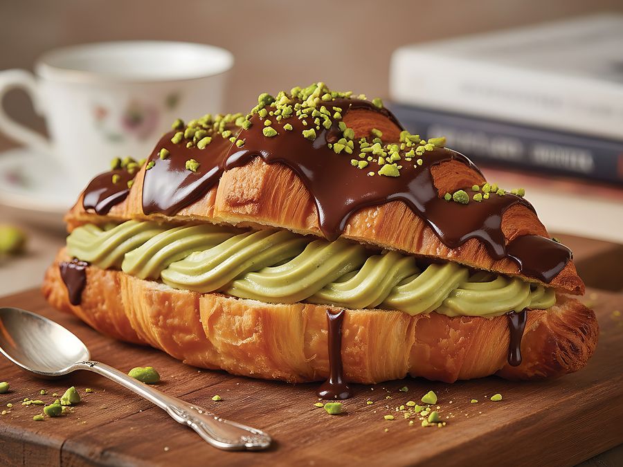 Croissant filled with piped pistachio cream, topped with chocolate and crushed pistachios