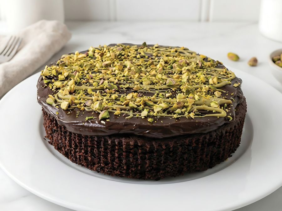 Chocolate mudcake topped with ganache, pistachio drizzle and crushed pistachios
