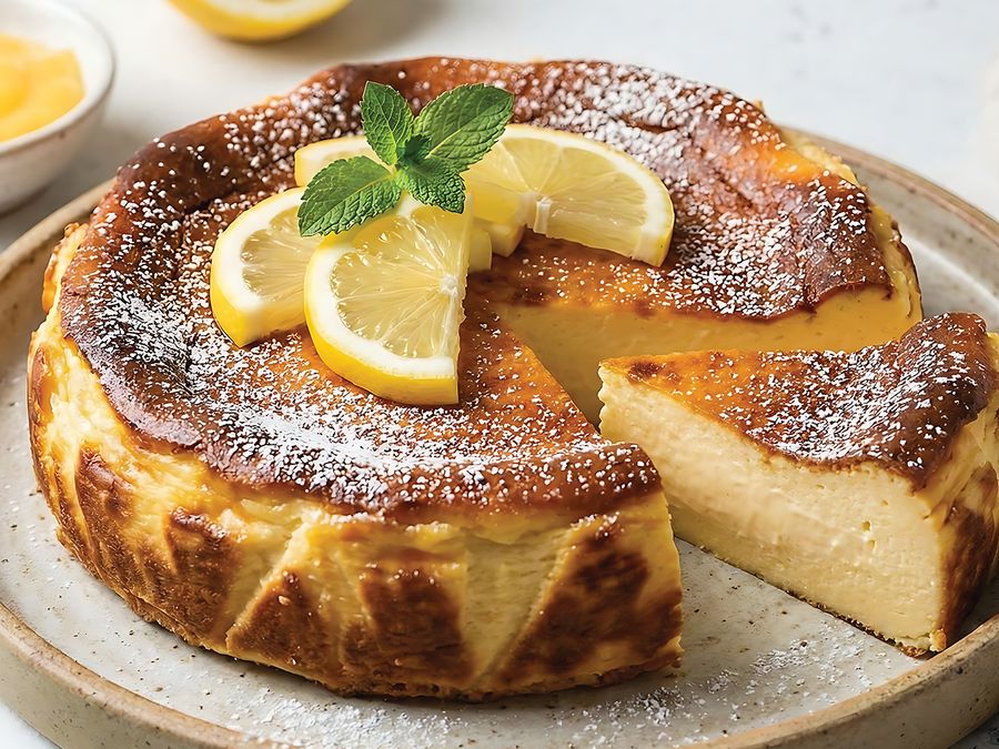 Burnt Basque cheesecake with lemon slices and mint, one slice cut
