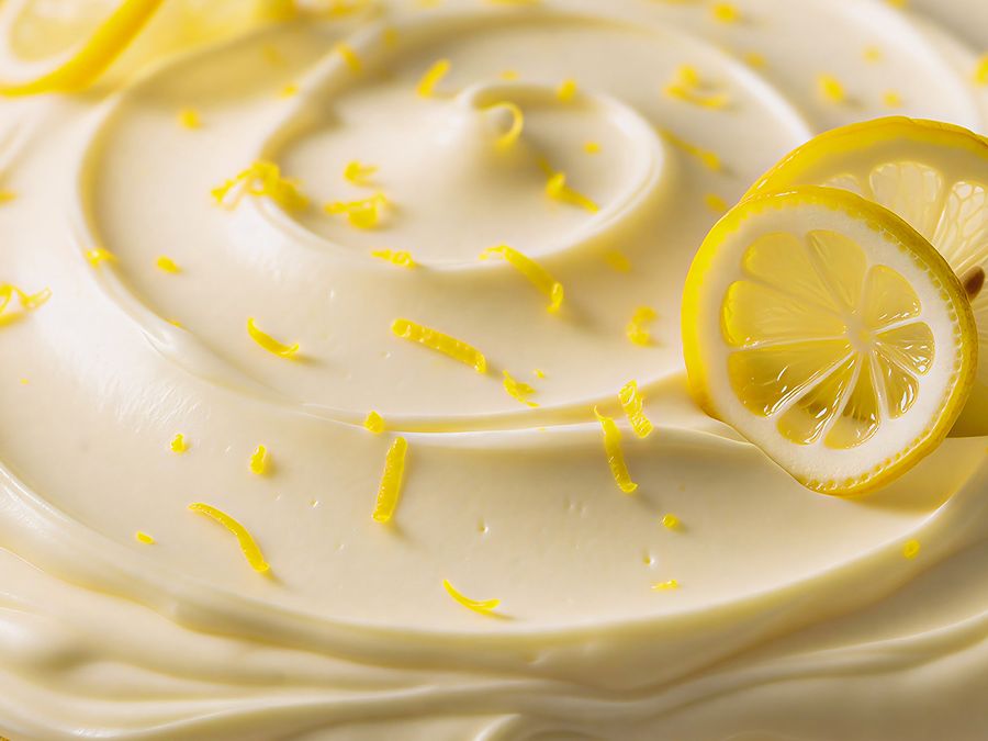Swirled lemon cream cheese topping with lemon zest and slices