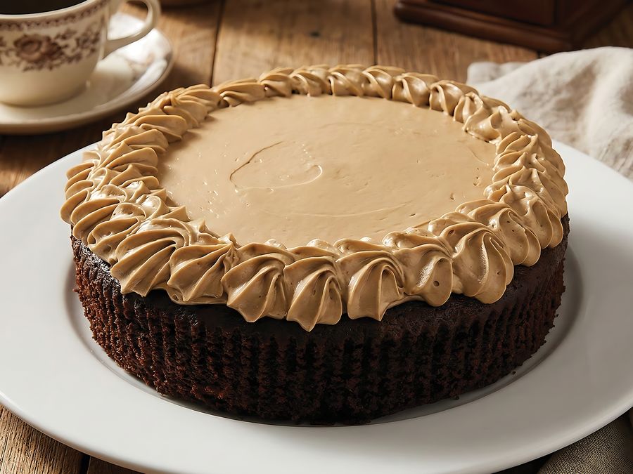Chocolate mudcake with piped coffee buttercream beside a cup of coffee