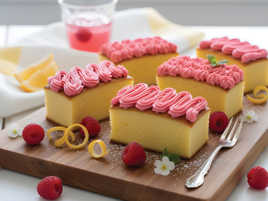Lemon slab cake fingers piped with raspberry frosting, fresh raspberries alongside