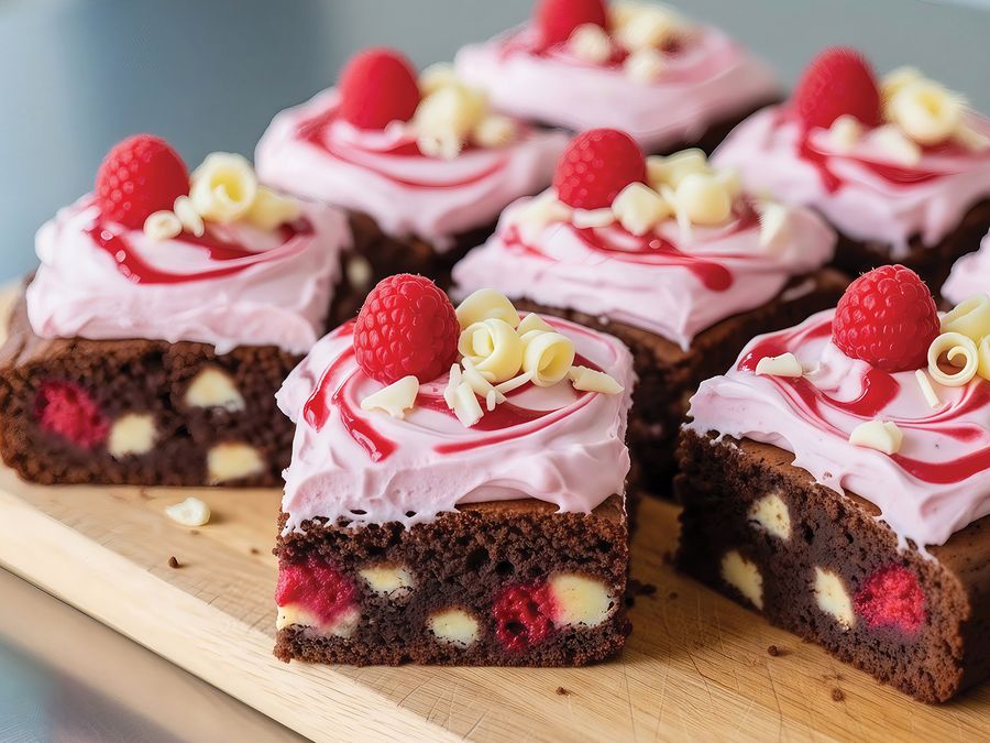 Chocolate brownies with raspberry and white choc chunks, topped with pink swirled frosting and a raspberry