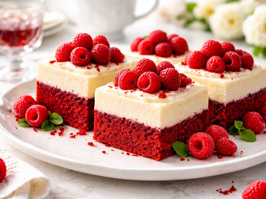 Red velvet slice with a thick cream layer topped with fresh raspberries