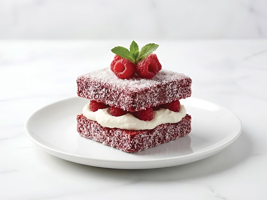 Red velvet lamington filled with cream and raspberries, topped with raspberries and mint