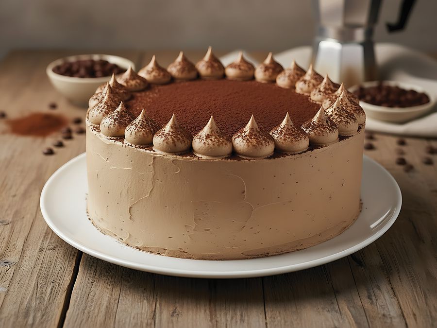 Coffee buttercream cake dusted with cocoa and ringed with piped kisses