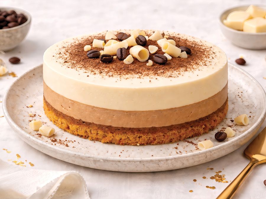 Layered coffee and white chocolate cheesecake topped with coffee beans and chocolate curls