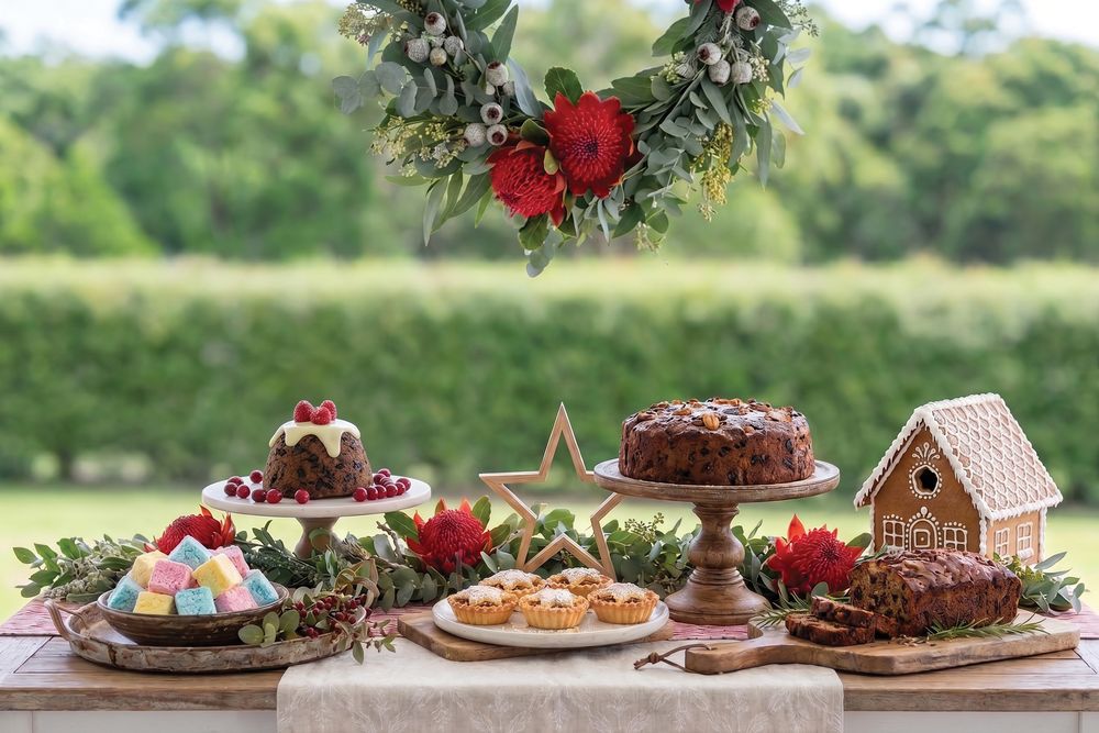 Christmas pudding, fruit cake, mince tarts and a gingerbread house on an outdoor table