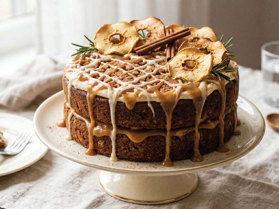 Layered apple cake with caramel drizzle and dried apple slices