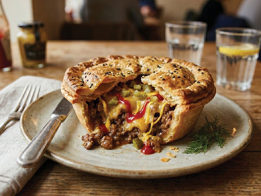 Pie cut open to show beef, melted cheese, pickles and sauce