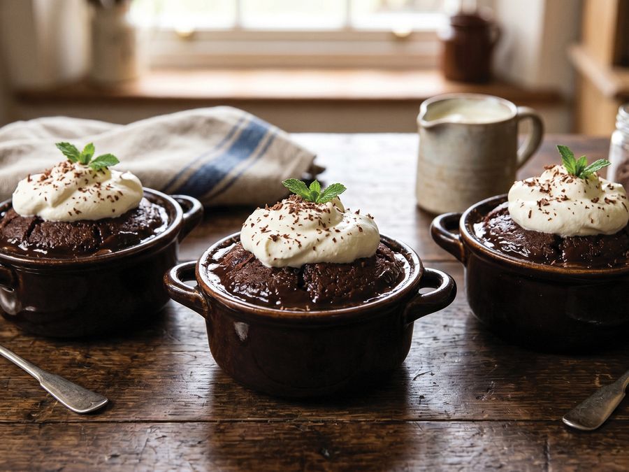 Chocolate puddings in brown pots topped with cream and mint