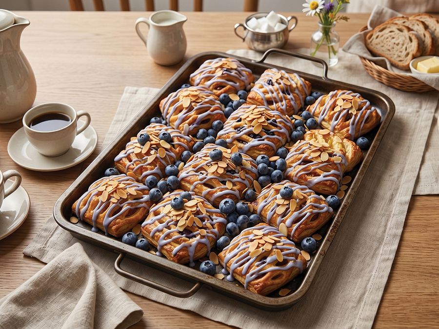 Tray of almond Danishes with blueberries and icing drizzle