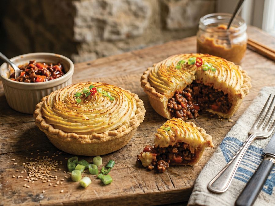 Pies with piped mash tops, one cut open to show a Korean beef filling