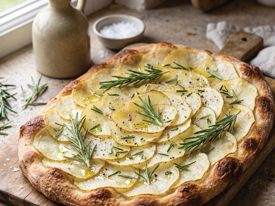 Pinsa bianca layered with thin potato slices and rosemary