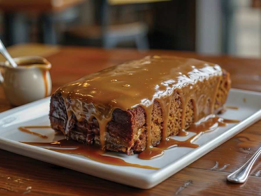 Loaf cake covered in glossy toffee sauce